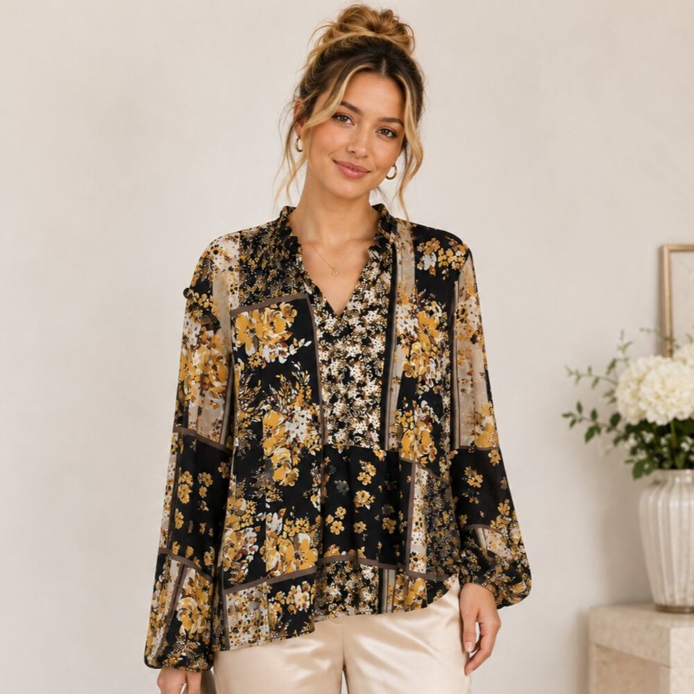 Susan Graver Liquid Knit Blouse Women's Size XL Black Floral Sheer Sleeves Boho